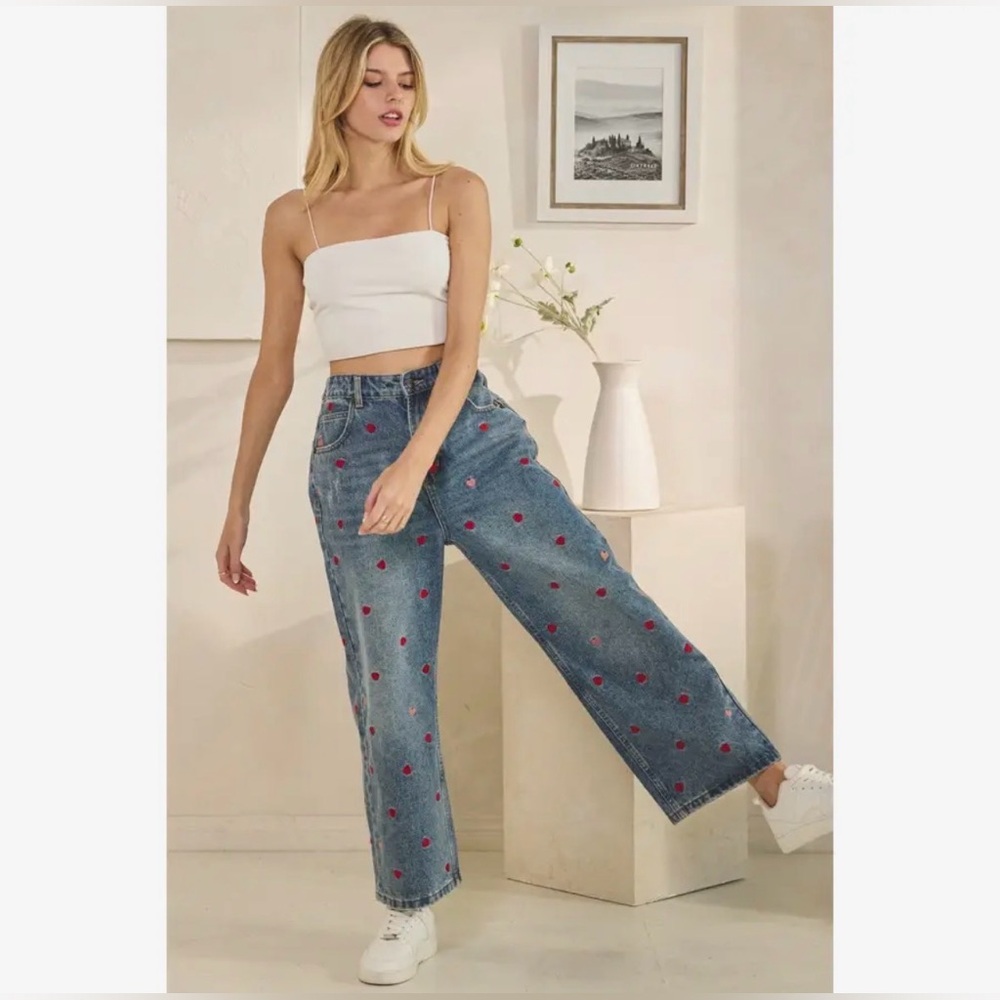 Oli & Hali Blue Wide Leg Jeans with Red Heart Embroidery - Picture 5 of 12